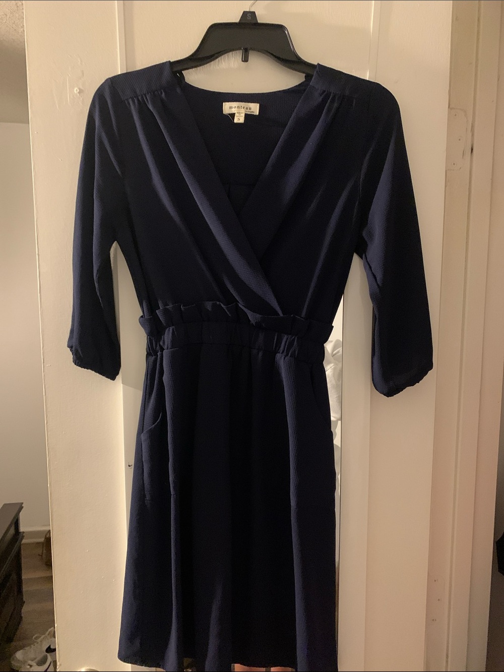 Monteau Navy Faux-Wrap Long Sleeve Dress